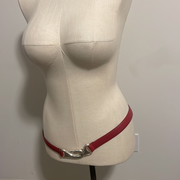 Chico’s belt woman genuine Red leather fashion silvertone hook buckle  Sz M/L main image 9